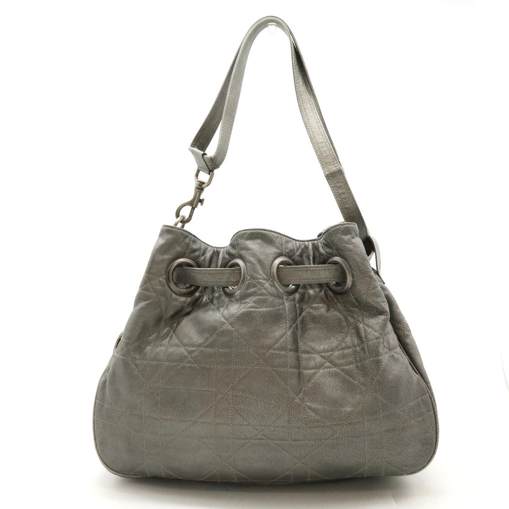 Christian Dior Cannage Tote Bag Shoulder Drawstring Leather Silver